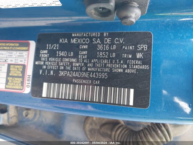3KPA24AD9NE443995 KIA RIO S