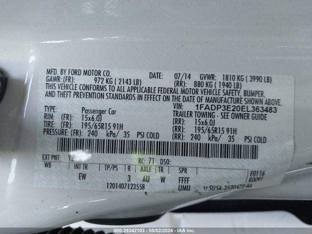 Ford FOCUS S 2014 1FADP3E20EL363483 Image 9