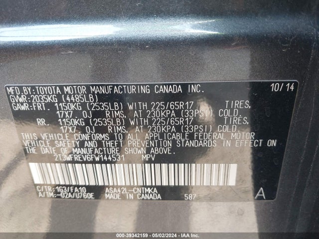 Toyota Rav4 Xle 2015 2T3WFREV6FW144531 Image 9