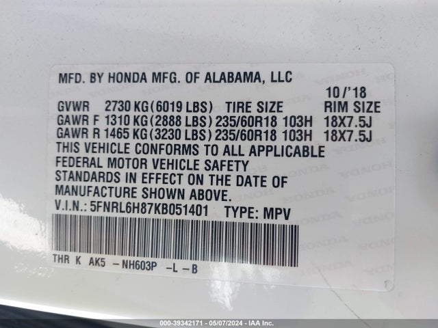 Honda Odyssey Touring 2019 5FNRL6H87KB051401 Image 9