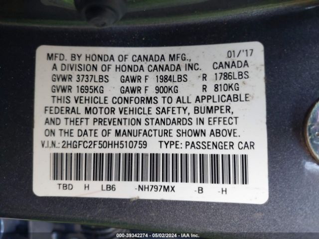 2HGFC2F50HH510759 Honda Civic Lx
