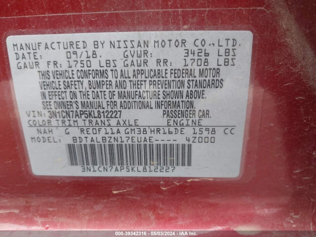 Nissan Versa 1.6 Sv 2019 3N1CN7AP5KL812227 Image 9