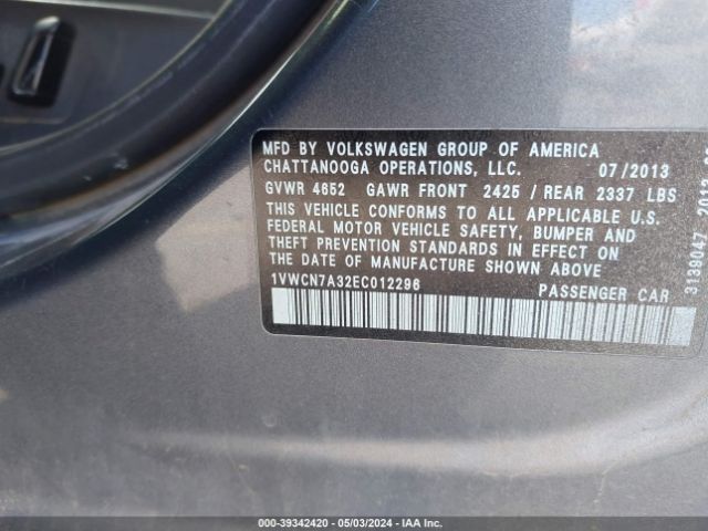 1VWCN7A32EC012296 Volkswagen Passat 2.0l Tdi Sel Premium
