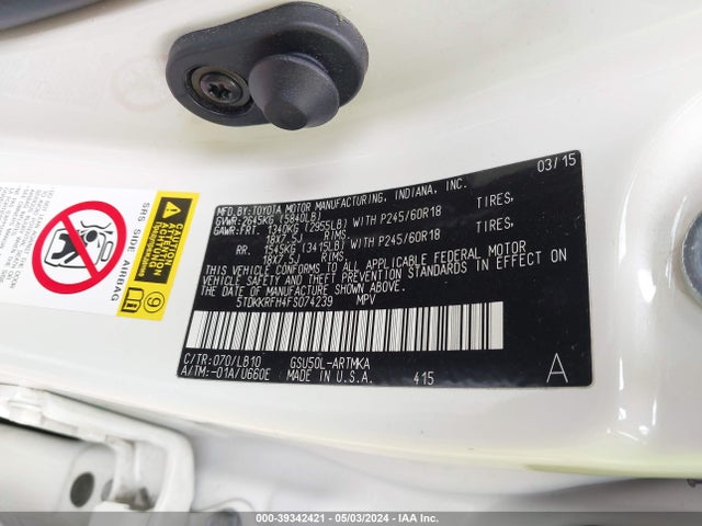 Toyota Highlander Xle V6 2015 5TDKKRFH4FS074239 Image 9