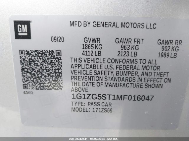 1G1ZG5ST1MF016047 Chevrolet Malibu Fwd Rs