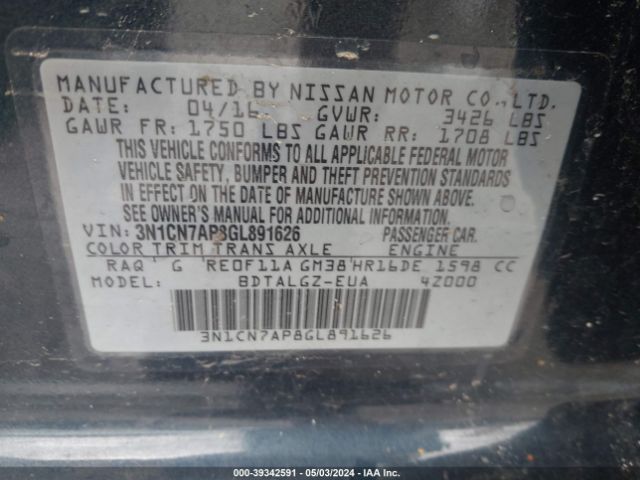 3N1CN7AP8GL891626 Nissan Versa 1.6 Sl