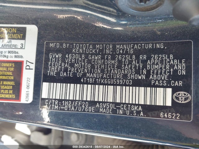 Toyota CAMRY SE 2016 4T1BF1FK6GU599703 Image 9