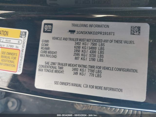 1GNSKNKD2PR191871 Chevrolet Tahoe 4wd Lt