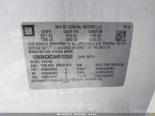 1GNSKCKC9HR152580 Chevrolet Tahoe Premier