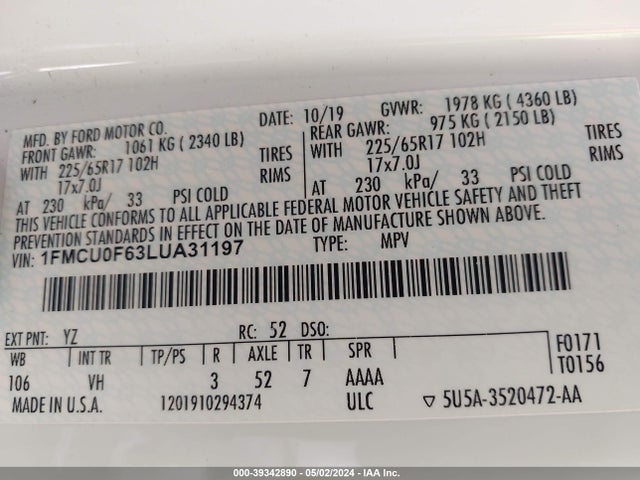Ford ESCAPE S 2020 1FMCU0F63LUA31197 Image 9