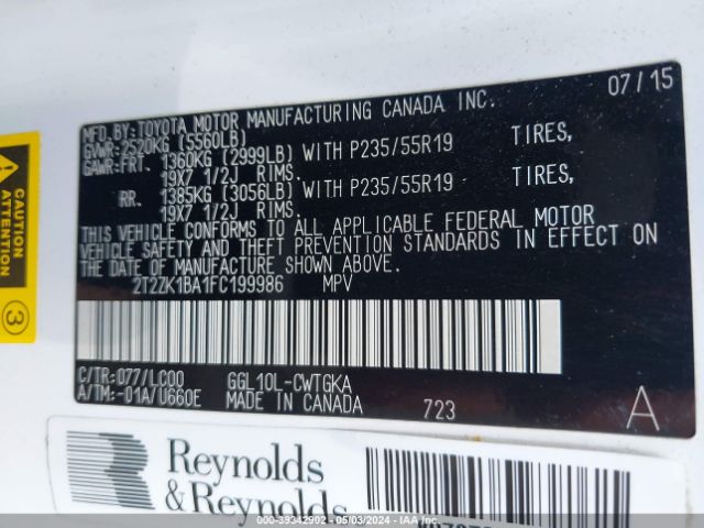2T2ZK1BA1FC199986 Lexus RX 350