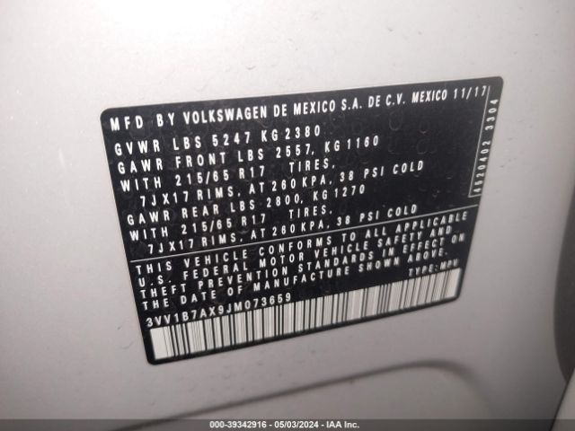 3VV1B7AX9JM073659 Volkswagen Tiguan 2.0t S
