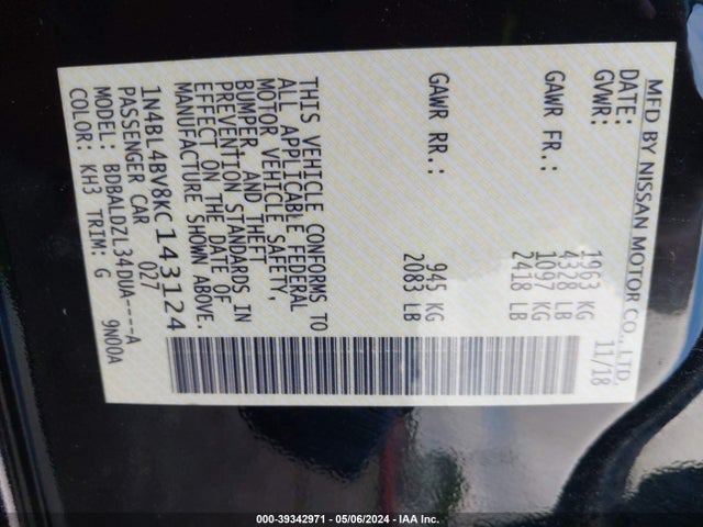 Nissan Altima 2.5 S 2019 1N4BL4BV8KC143124 Image 9