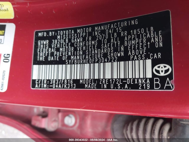 Toyota COROLLA LE 2015 5YFBURHE0FP304722 Image 9