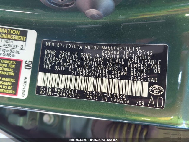 Toyota Corolla Le Plus 2014 2T1BURHE7EC090925 Image 9