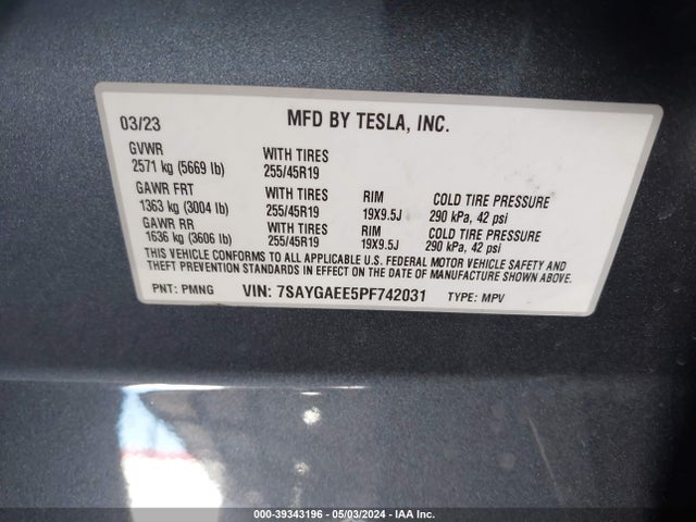 7SAYGAEE5PF742031 Tesla Model Y Awd/long Range Dual Motor All-wheel Drive