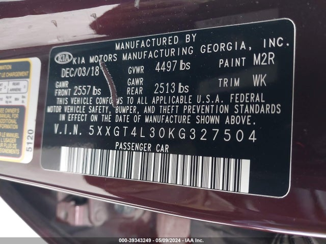 KIA Optima Lx 2019 5XXGT4L30KG327504 Image 9