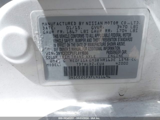 3N1CE2CPXFL411696 Nissan Versa Note S (sr)/s Plus/sl/sr/sv