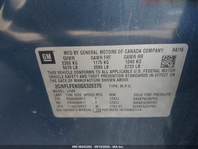Chevrolet EQUINOX LT 2016 2GNFLFEK8G6326376 Image 9