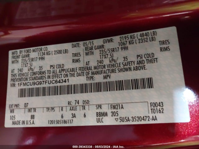 Ford ESCAPE SE 2015 1FMCU9G97FUC64341 Image 9