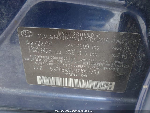 Продажа на аукционе авто 2011 Hyundai Sonata Gls, vin: 5NPEB4AC4BH057789, номер лота: 39343396