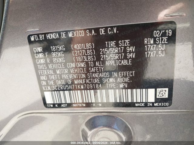 3CZRU5H71KM709184 Honda Hr-v Ex-l