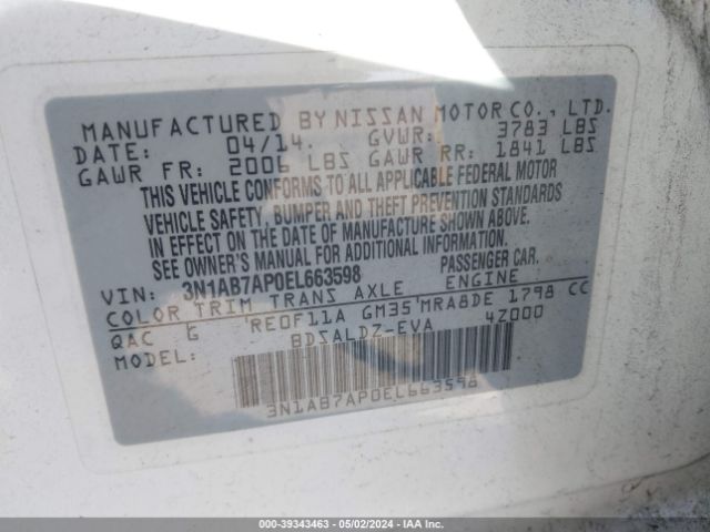 3N1AB7AP0EL663598 Nissan Sentra Fe+ S/fe+ Sv/s/sl/sr/sv