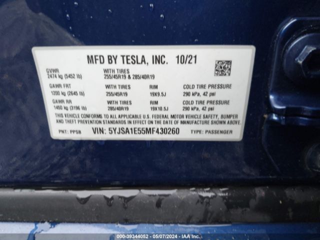 5YJSA1E55MF430260 Tesla Model S Long Range Dual Motor All-wheel Drive