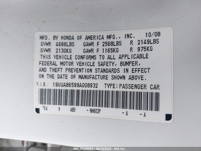 Aukcja sprzedaży 2009 Acura Tl 3.5, vin: 19UUA86599A008932, numer aukcji: 39344053