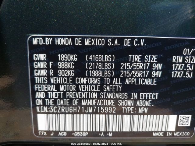 3CZRU6H71JM715992 Honda Hr-v Ex-l