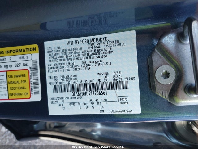Ford FUSION SE 2018 3FA6P0HD2JR266561 Image 9