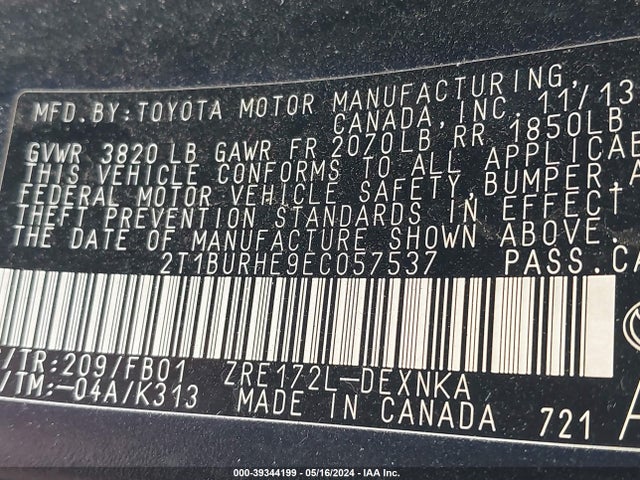 Toyota COROLLA LE 2014 2T1BURHE9EC057537 Image 9