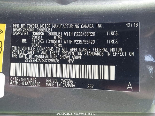 2T2ZZMCA3KC129976 Lexus Rx 350 F Sport