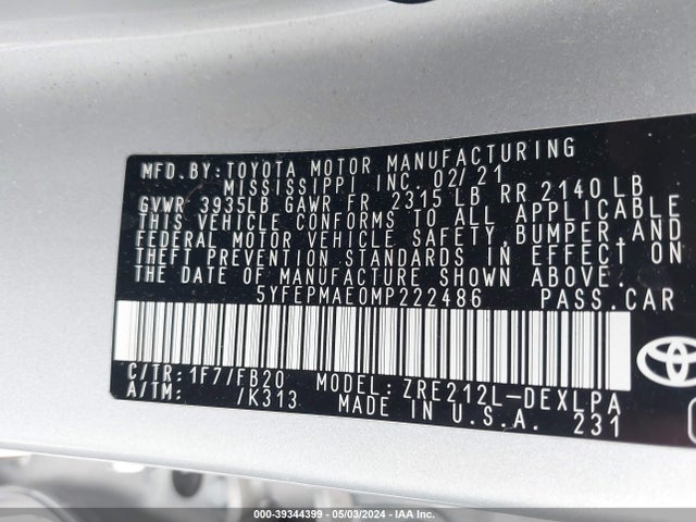 Toyota COROLLA LE 2021 5YFEPMAE0MP222486 Image 9