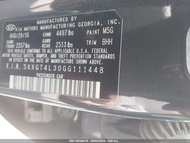 39344415 :رقم المزاد ، 5XXGT4L30GG111448 vin ، 2016 Kia Optima Lx مزاد بيع