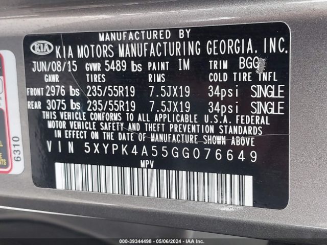 5XYPK4A55GG076649 KIA Sorento 3.3l Sx