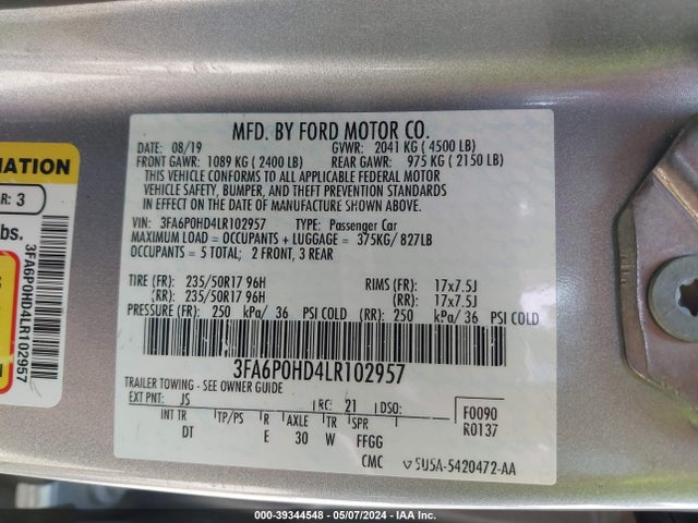 Ford FUSION SE 2020 3FA6P0HD4LR102957 Image 9