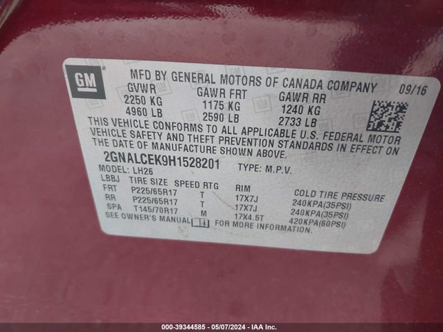 Chevrolet EQUINOX LT 2017 2GNALCEK9H1528201 Image 9