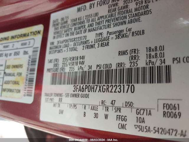 Ford FUSION SE 2016 3FA6P0H7XGR223170 Image 9