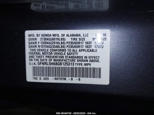 Honda Odyssey Ex-l 2016 5FNRL5H68GB125313 Image 9