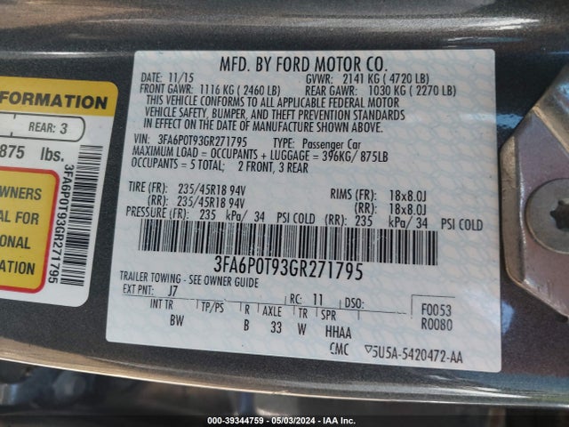 Ford FUSION SE 2016 3FA6P0T93GR271795 Image 9