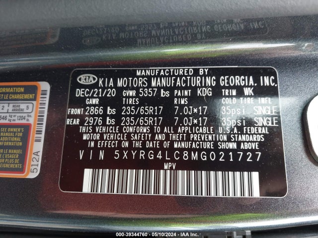 KIA SORENTO LX 2021 5XYRG4LC8MG021727 Image 9