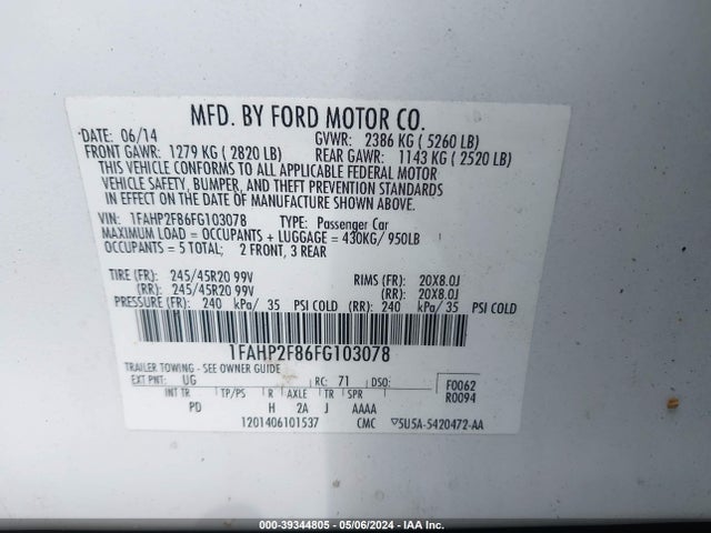 Ford Taurus Limited 2015 1FAHP2F86FG103078 Image 9