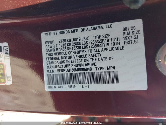 Honda Odyssey Touring 2021 5FNRL6H86MB006940 Image 9