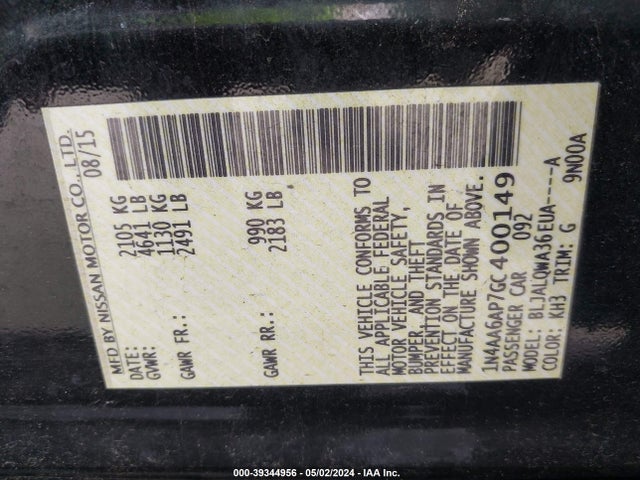 Nissan Maxima 3.5 S 2016 1N4AA6AP7GC400149 Image 9