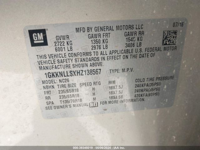 1GKKNLLSXHZ138567 GMC Acadia Sle-2