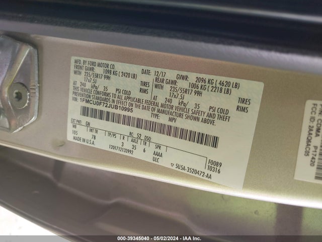 Ford ESCAPE S 2018 1FMCU0F72JUB10995 Image 9