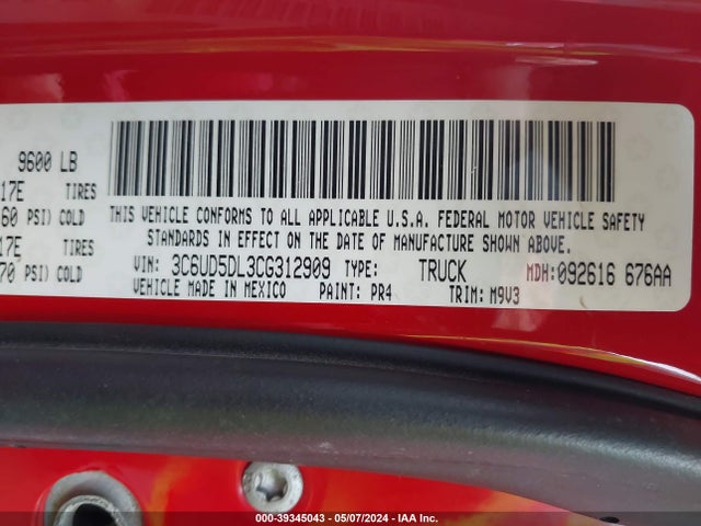 Aukcja sprzedaży 2012 Ram 2500 Slt, vin: 3C6UD5DL3CG312909, numer aukcji: 39345043