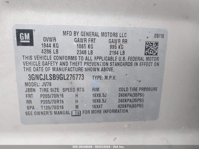 Chevrolet Trax Lt 2016 3GNCJLSB9GL276773 Image 9