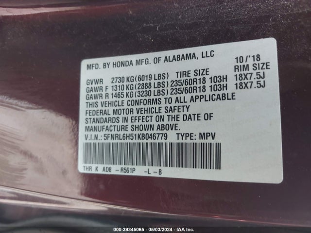 Honda ODYSSEY EX 2019 5FNRL6H51KB046779 Image 9
